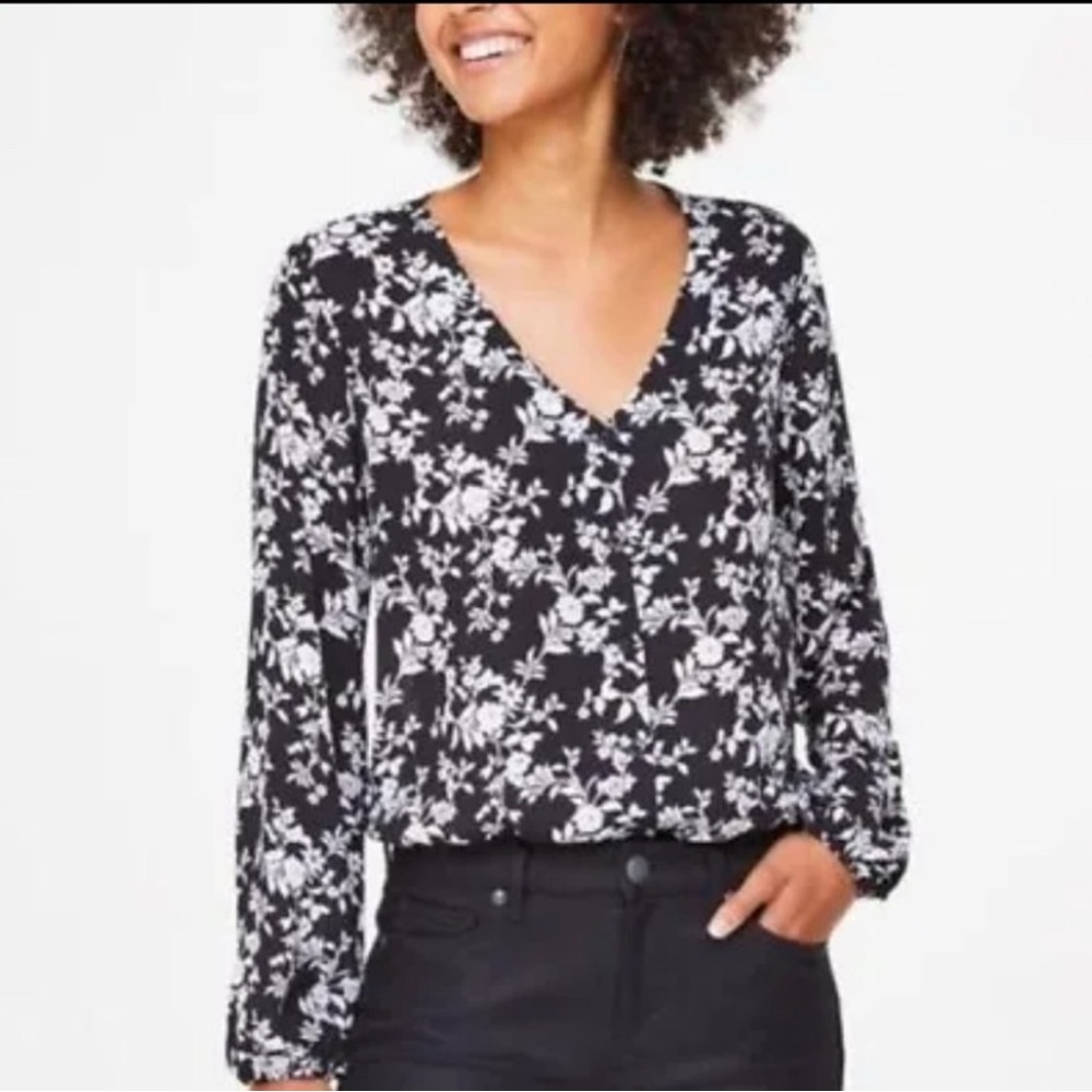 LOFT Floral Black and White button up bodysuit